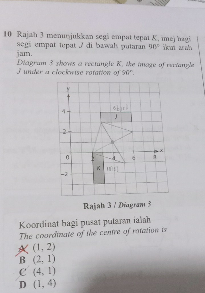 Rajah 3 menunjukkan segi empat tepat K, imej bagi
segi empat tepat J di bawah putaran 90° ikut arah
jam.
Diagram 3 shows a rectangle K, the image of rectangle
J under a clockwise rotation of 90°. 
Rajah 3 / Diagram 3
Koordinat bagi pusat putaran ialah
The coordinate of the centre of rotation is
A (1,2)
B (2,1)
C (4,1)
D (1,4)