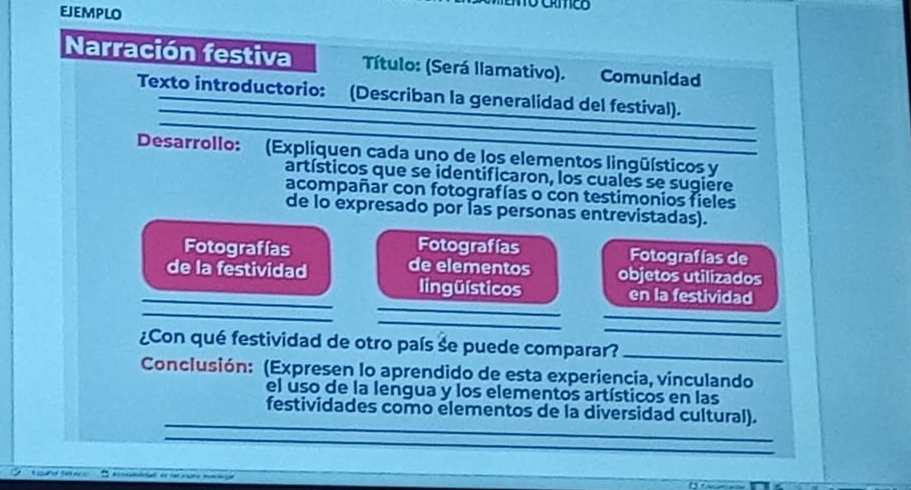 ejemplo 
Narración festiva Título: (Será llamativo). Comunidad 
_ 
_ 
Texto introductorio: (Describan la generalidad del festival). 
Desarrollo: (Expliquen cada uno de los elementos lingüísticos y 
artísticos que se identificaron, los cuales se sugière 
acompañar con fotografías o con testimonios fieles 
de lo expresado por las personas entrevistadas). 
Fotografías Fotografías Fotografías de 
de la festividad de elementos objetos utilizados 
_ 
_ 
_ 
lingüísticos en la festividad 
_ 
_ 
_ 
_ 
¿Con qué festividad de otro país se puede comparar?_ 
Conclusión: (Expresen lo aprendido de esta experiencia, vinculando 
el uso de la lengua y los elementos artísticos en las 
_ 
festividades como elementos de la diversidad cultural). 
_