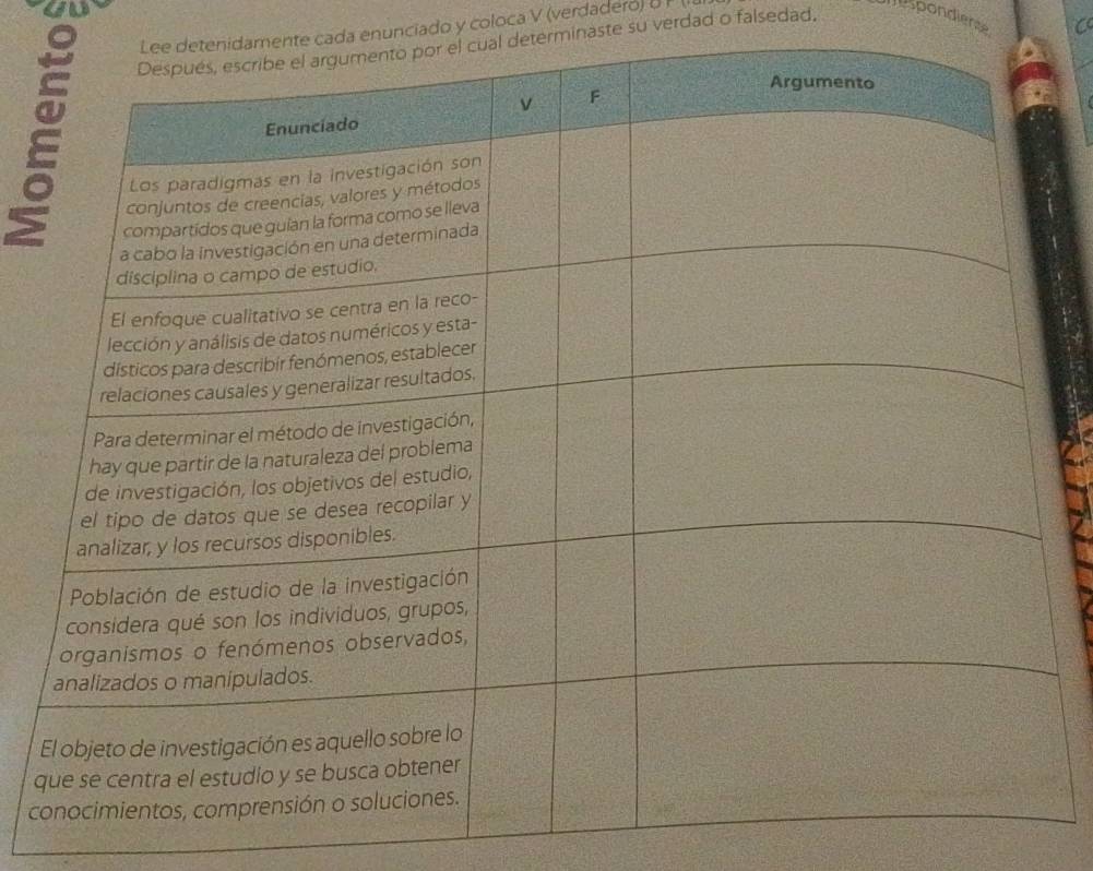 enidamente cada enunciado y coloca V (verdadero) δ
al determinaste su verdad o falsedad. 
Despondierse
q
c