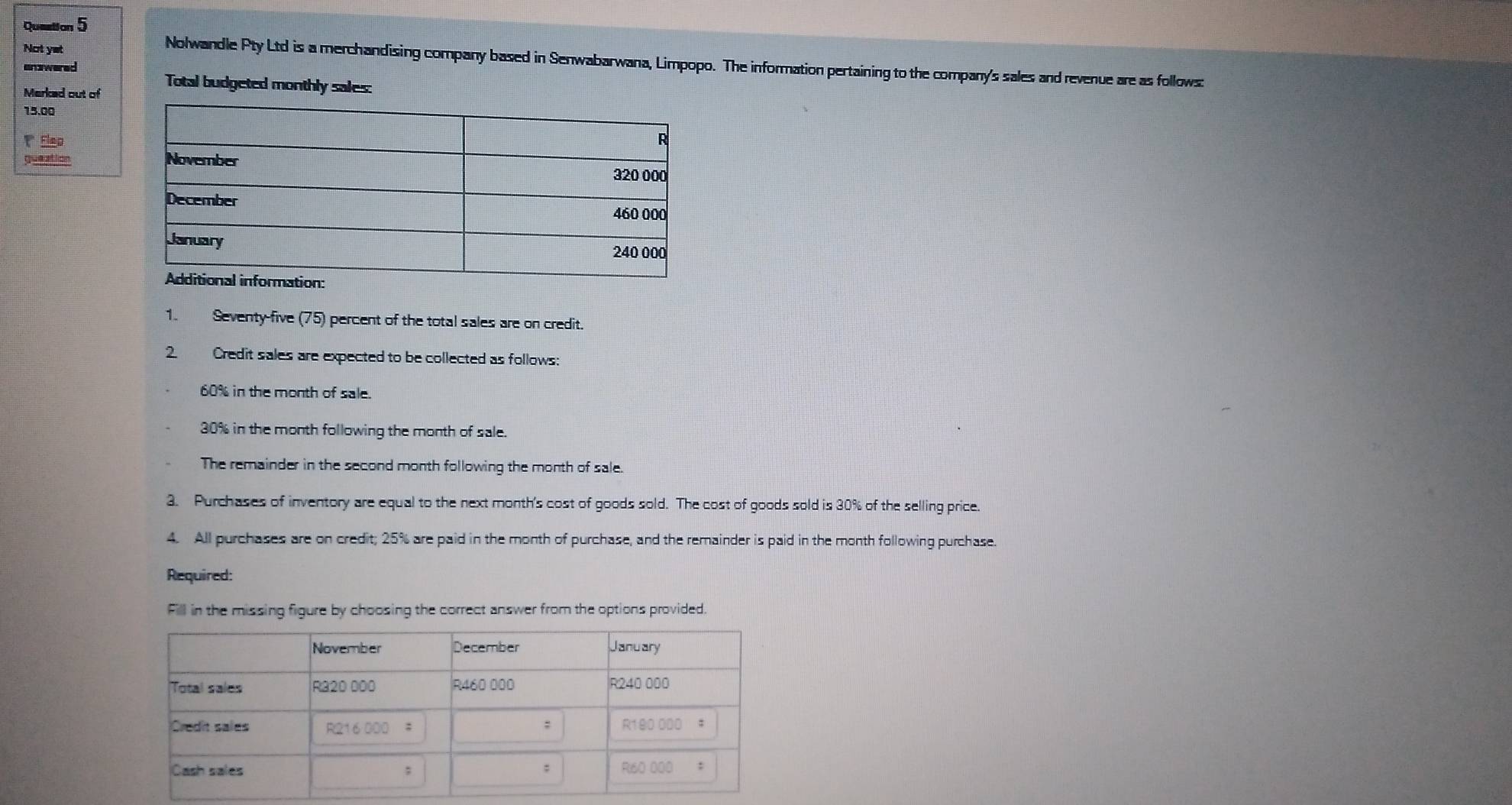 Not yet 
Nolwandle Pty Ltd is a merchandising company based in Senwabarwana, Limpopo. The information pertaining to the company's sales and revenue are as follows: 
enwered 
Merked out of Total budgeted monthly sales:
15.00
₹ Flea 
gueation 
1. Seventy-five (75) percent of the total sales are on credit. 
2. Credit sales are expected to be collected as follows:
60% in the month of sale.
30% in the month following the month of sale. 
The remainder in the second month following the month of sale. 
3. Purchases of inventory are equal to the next month's cost of goods sold. The cost of goods sold is 30% of the selling price. 
4. All purchases are on credit; 25% are paid in the month of purchase, and the remainder is paid in the month following purchase. 
Required: 
Fill in the missing figure by choosing the correct answer from the options provided.