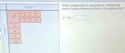 What constant term is necessary to complete the 
Factor 1 perfect square trinomial pictured in the algebra tiles?
6x^2 + +X +X +X x^2+8x+□

+X