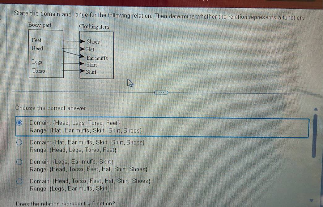 State the domain and range for the following relation. Then determine whether the relation represents a function.
Choose the correct answer.
Domain: Head, Legs, Torso, Feet
Range: Hat, Ear muffs, Skirt, Shirt, Shoes
Domain: Hat, Ear muffs, Skirt, Shirt, Shoes
Range: Head, Legs, Torso, Feet
Domain: Legs, Ear muffs, Skirt
Range: Head, Torso, Feet, Hat, Shirt, Shoes
Domain: Head, Torso, Feet, Hat, Shirt, Shoes
Range: Legs, Ear muffs, Skirt
Does the relation represent a function?