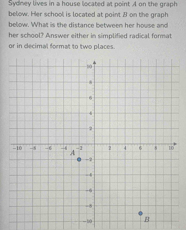 Sydney lives in a house located at point A on the graph 
below. Her school is located at point B on the graph 
below. What is the distance between her house and 
her school? Answer either in simplified radical format 
or in decimal format to two places.
-10