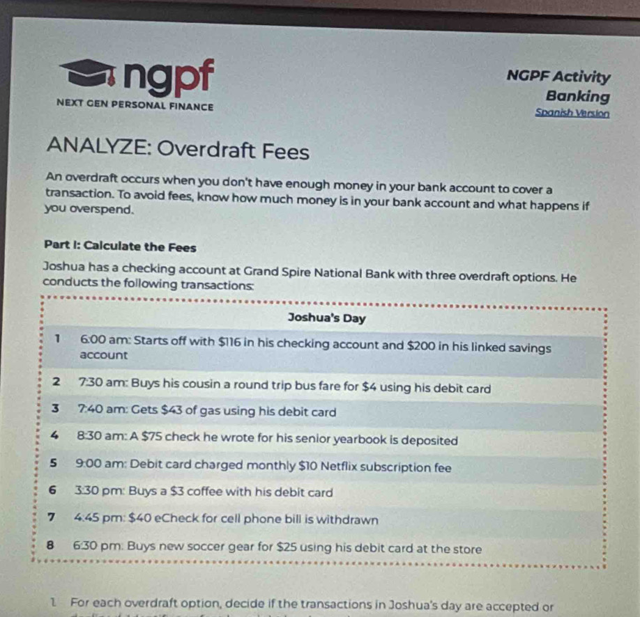 Solved: Sngpf NGPF Activity Banking NEXT GEN PERSONAL FINANCE Spanish ...