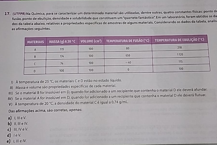 (UTFPR) Na Química, para se caracterizar um determinado material são utilizadas, dentre outras, quatro constantes físicas: ponto de
fusão, ponto de ebulição, densidade e solubilidade que constituem um 'quarteto fantástico'. Em um laboratório, foram obtidos os da
dos da tabela abaixo, relativos a propriedades específicas de amostras de alguns materiais. Considerando os dados da tabela, analis
as afirmações seguintes.
I) À temperatura de 25°C, E, os materiais C e D estão no estado líquido.
II) Massa e volume são propriedades específicas de cada material.
III) Se o material B for insolúvel em D, quando for adicionado a um recipiente que contenha o material D ele deverá afundar.
IV) Se o material A for insolúvel em D, quando for adicionado a um recipiente que contenha o material D ele deverá flutuar.
V) À temperatura de 20°C, , a densidade do material C éigual a 0,74 g/mL.
Das afirmações acima, são corretas, apenas:
a) I, IIIe V.
b) II, III e IV.
c) III, IV e V.
d) I e V.
e) I, III e IV.