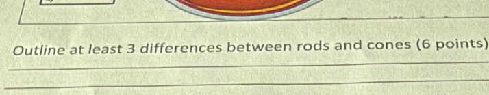 Outline at least 3 differences between rods and cones (6 points) 
_ 
_