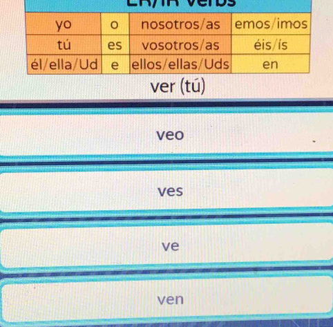 ver (tú) 
veo 
ves 
ve 
ven