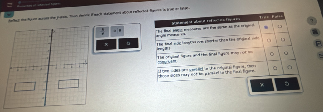 Posntes of refectael fguees
Beflect the figure across the y-axis. Then decide if each statement about reflected figures is true or false.
Statement about reflected figures True False
 R/B  R A
The final angle measures are the same as the original ?
a
angle measures.
The final side lengths are shorter than the original side
lengths.
The original figure and the final figure may not be 。
congruent.
If two sides are parallel in the original figure, then
those sides may not be parallel in the final figure.
* 5