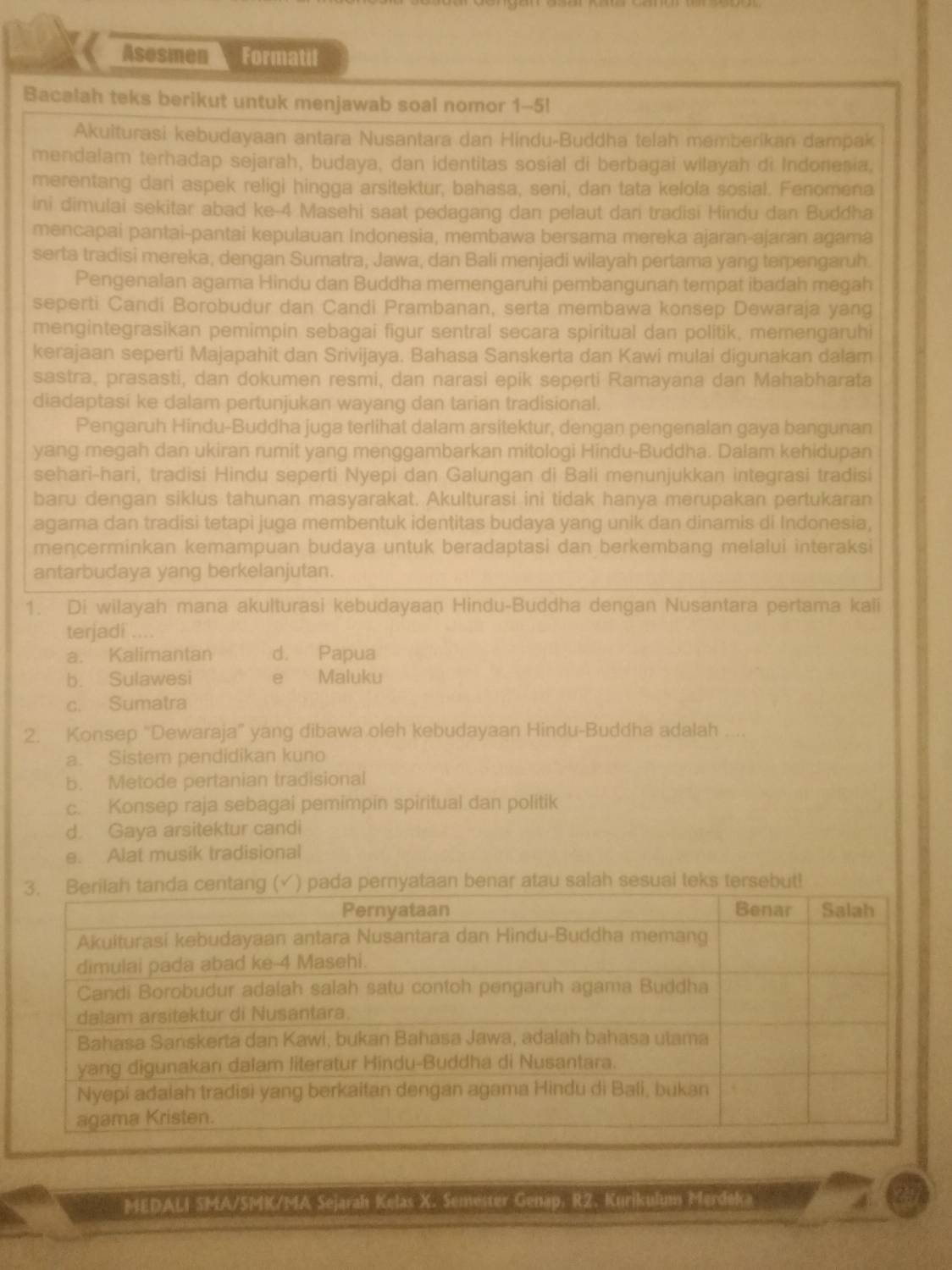 Asesmen Formatil
Bacalah teks berikut untuk menjawab soal nomor 1-5!
Akuiturasi kebudayaan antara Nusantara dan Hindu-Buddha telah memberikan dampak
mendalam terhadap sejarah, budaya, dan identitas sosial di berbagai wilayah di Indoneșia,
merentang dari aspek religi hingga arsitektur, bahasa, seni, dan tata kelola sosial. Fenomena
ini dimulai sekitar abad ke-4 Masehi saat pedagang dan pelaut dari tradisi Hindu dan Buddha
mencapai pantai-pantai kepulauan Indonesia, membawa bersama mereka ajaran-ajaran agama
serta tradisi mereka, dengan Sumatra, Jawa, dan Bali menjadi wilayah pertama yang terpengaruh.
Pengenalan agama Hindu dan Buddha memengaruhi pembangunan tempat ibadah megah
seperti Candi Borobudur dan Candi Prambanan, serta membawa konsep Dewaraja yang
mengintegrasikan pemimpin sebagai figur sentral secara spiritual dan politik, memengaruhi
kerajaan seperti Majapahit dan Srivijaya. Bahasa Sanskerta dan Kawi mulai digunakan dalam
sastra, prasasti, dan dokumen resmi, dan narasi epik seperti Ramayana dan Mahabharata
diadaptasi ke dalam pertunjukan wayang dan tarian tradisional.
Pengaruh Hindu-Buddha juga terlihat dalam arsitektur, dengan pengenalan gaya bangunan
yang megah dan ukiran rumit yang menggambarkan mitologi Hindu-Buddha. Dalam kehidupan
sehari-hari, tradisi Hindu seperti Nyepi dan Galungan di Bali menunjukkan integrasi tradisi
baru dengan siklus tahunan masyarakat. Akulturasi ini tidak hanya merupakan pertukaran
agama dan tradisi tetapi juga membentuk identitas budaya yang unik dan dinamis di Indonesia,
mencerminkan kemampuan budaya untuk beradaptasi dan berkembang melalui înteraksi
antarbudaya yang berkelanjutan.
1. Di wilayah mana akulturasi kebudayaan Hindu-Buddha dengan Nusantara pertama kali
terjadi ....
a. Kalimantan d. Papua
b. Sulawesi e Maluku
c. Sumatra
2. Konsep "Dewaraja” yang dibawa oleh kebudayaan Hindu-Buddha adalah ....
a. Sistem pendidikan kuno
b. Metode pertanian tradisional
c. Konsep raja sebagai pemimpin spiritual dan politik
d. Gaya arsitektur candi
e. Alat musik tradisional
(√) pada pernyataan benar atau salah sesuai teks tersebut!
22484 MEDALI SMA/SMK/MA Sejarah Kelas X. Semester Genap. R2. Kurikulum Merdeka   
2