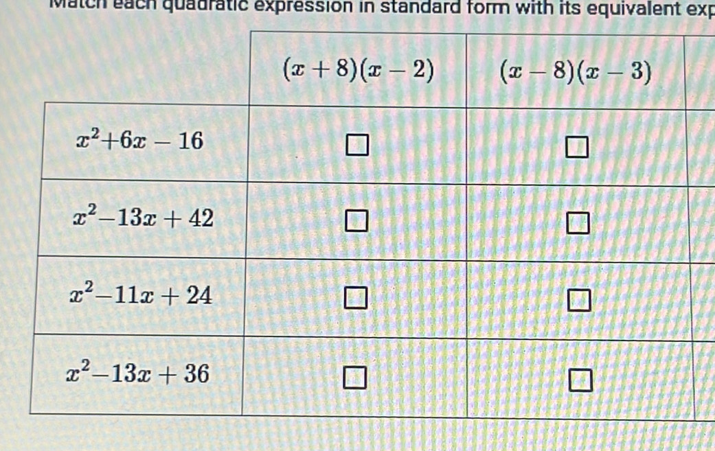 Match each quadratic expression in standard form with its equivalent exp