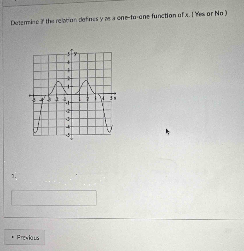 Determine if the relation defines y as a one-to-one function of x. ( Yes or No ) 
1. 
Previous