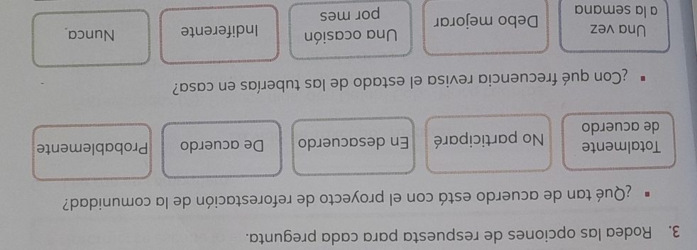Rodea las opciones de respuesta para cada pregunta.
¿Qué tan de acuerdo está con el proyecto de reforestación de la comunidad?
Totalmente No participaré En desacuerdo De acuerdo Probablemente
de acuerdo
¿Con qué frecuencia revisa el estado de las tuberías en casa?
Una vez Una ocasión Indiferente Nunca.
a la semana Debo mejorar por mes