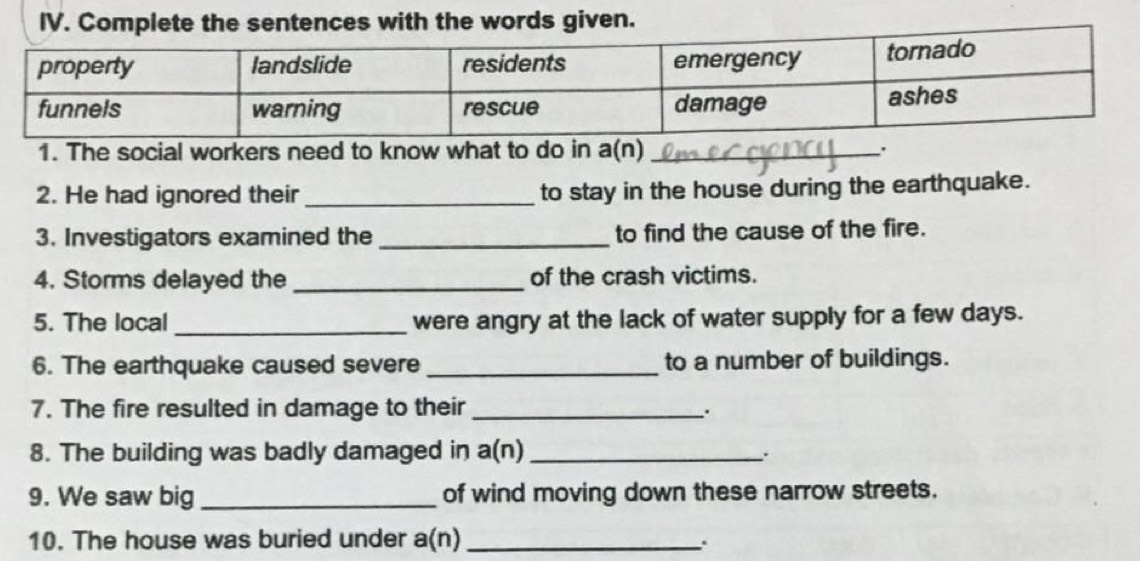 Complete the sentences with the words given. 
1. The social workers need to know what to do in a(n) _. 
2. He had ignored their _to stay in the house during the earthquake. 
3. Investigators examined the _to find the cause of the fire. 
4. Storms delayed the _of the crash victims. 
5. The local _were angry at the lack of water supply for a few days. 
6. The earthquake caused severe _to a number of buildings. 
7. The fire resulted in damage to their _. 
8. The building was badly damaged in a( n)_ 
. 
9. We saw big_ of wind moving down these narrow streets. 
10. The house was buried under a(n)_