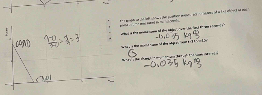 Time 
5 
The graph to the left shows the position measured in meters of a 5kg object at each 
in time measured in milliseconds. 
is the momentum of the object over the first three seconds? 
t is the momentum of the object from t=3 to t=10 ? 
t is the change in momentum through the time interval?