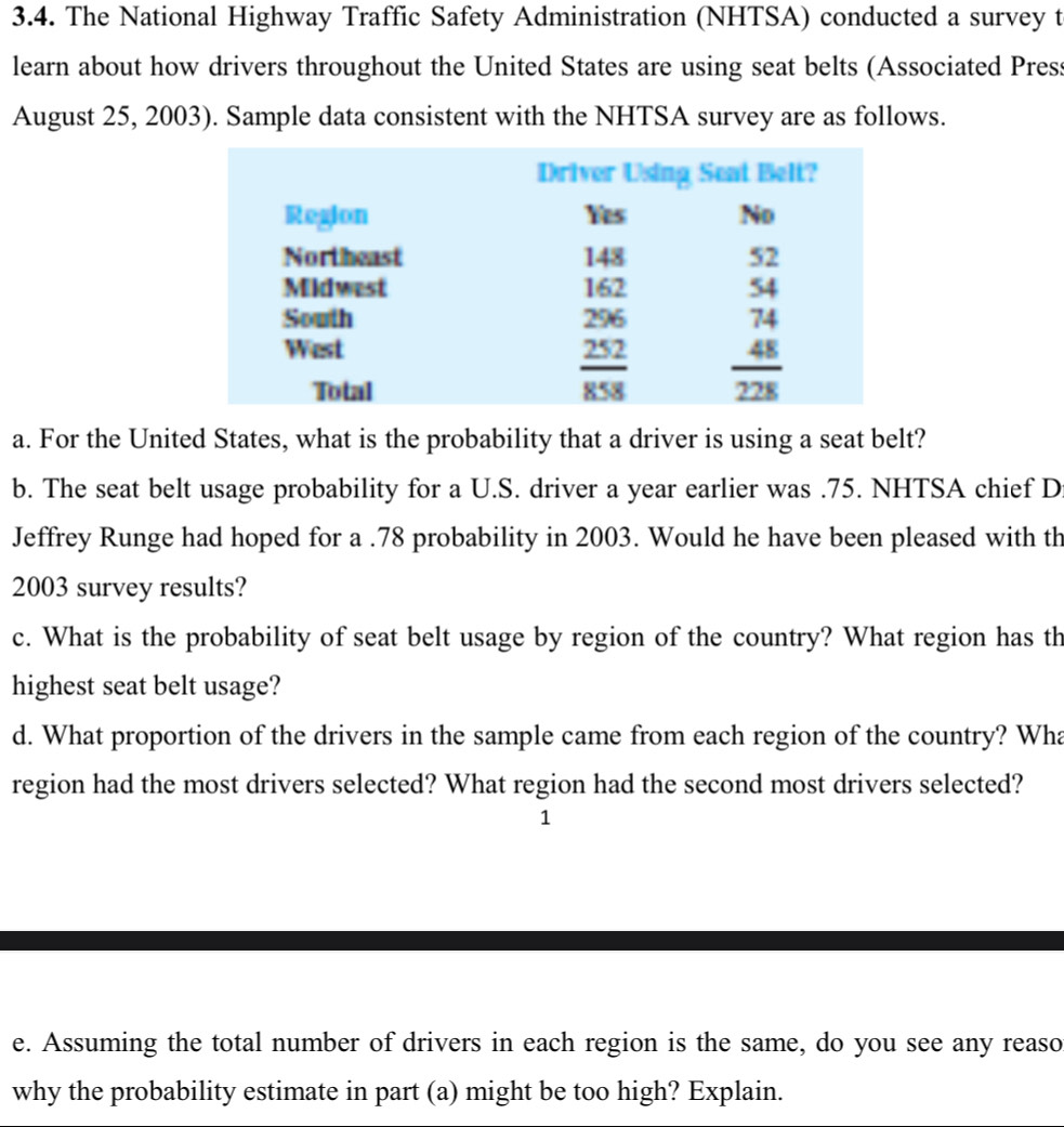 The National Highway Traffic Safety Administration (NHTSA) conducted a survey t
learn about how drivers throughout the United States are using seat belts (Associated Press
August 25, 2003). Sample data consistent with the NHTSA survey are as follows.
a. For the United States, what is the probability that a driver is using a seat belt?
b. The seat belt usage probability for a U.S. driver a year earlier was .75. NHTSA chief D
Jeffrey Runge had hoped for a .78 probability in 2003. Would he have been pleased with th
2003 survey results?
c. What is the probability of seat belt usage by region of the country? What region has th
highest seat belt usage?
d. What proportion of the drivers in the sample came from each region of the country? Wha
region had the most drivers selected? What region had the second most drivers selected?
1
e. Assuming the total number of drivers in each region is the same, do you see any reaso
why the probability estimate in part (a) might be too high? Explain.