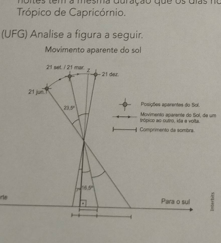 mesma duração que os Glas no
Trópico de Capricórnio.
(UFG) Analise a figura a seguir.
Movimento aparente do sol
m
rte