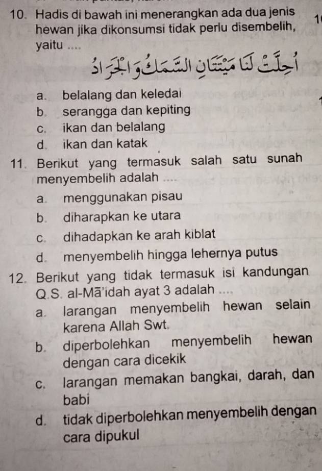 Hadis di bawah ini menerangkan ada dua jenis 1
hewan jika dikonsumsi tidak perlu disembelih,
yaitu ....
S a ó e e í
a. belalang dan keledai
b serangga dan kepiting
c. ikan dan belalang
d ikan dan katak
11. Berikut yang termasuk salah satu sunah
menyembelih adalah
a menggunakan pisau
b diharapkan ke utara
c. dihadapkan ke arah kiblat
dmenyembelih hingga lehernya putus
12. Berikut yang tidak termasuk isi kandungan
Q.S. al-Mā'ïdah ayat 3 adalah ....
a larangan menyembelih hewan selain
karena Allah Swt.
b. diperbolehkan menyembelih hewan
dengan cara dicekik
c. larangan memakan bangkai, darah, dan
babi
d. tidak diperbolehkan menyembelih dengan
cara dipukul