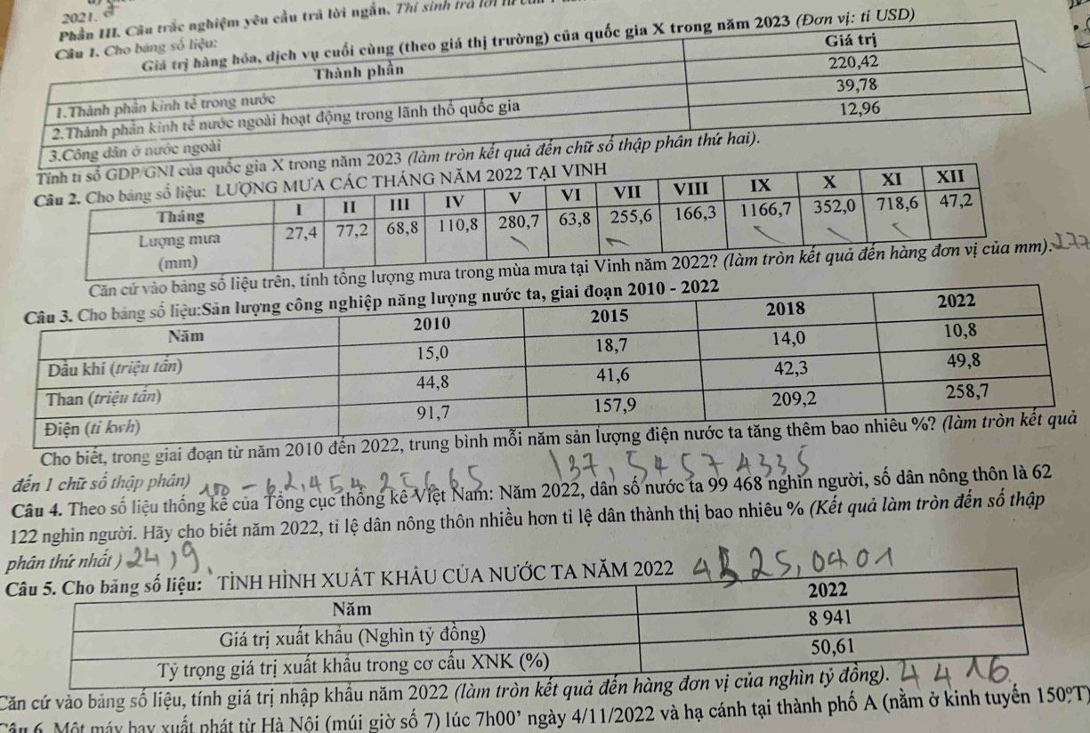 cầu trã lời ngắn. Thí sinh trà lời l 
ị: tỉ USD) 
.Công dân ở 
m tròn kết quả 
g mưa 
Cho biết, trong giai đoạn từ năm 2010 đến 2022, trung bình mỗi 
đến 1 chữ số thập phân) 
Câu 4. Theo số liệu thống kê của Tổng cục thống kê Việt Nam: Năm 2022, dân số nước ta 99 468 nghĩn người, số dân nông thôn là 62
122 nghin người. Hãy cho biết năm 2022, ti lệ dân nông thôn nhiều hơn tỉ lệ dân thành thị bao nhiêu % (Kết quả làm tròn đến số thập 
phân thứ nhất ) 
Căn cứ vào bảng số liệu, tính giá trị nhập khẩu năm 2022 (làm tròn kết quả đến hàng đ 
Câu 6. Một máy bay xuất phát từ Hà Nôi (múi giờ số 7) lúc 7h00^, ngày 4/11/2022 và hạ cánh tại thành phố A (nằm ở kinh tuyển 150°T