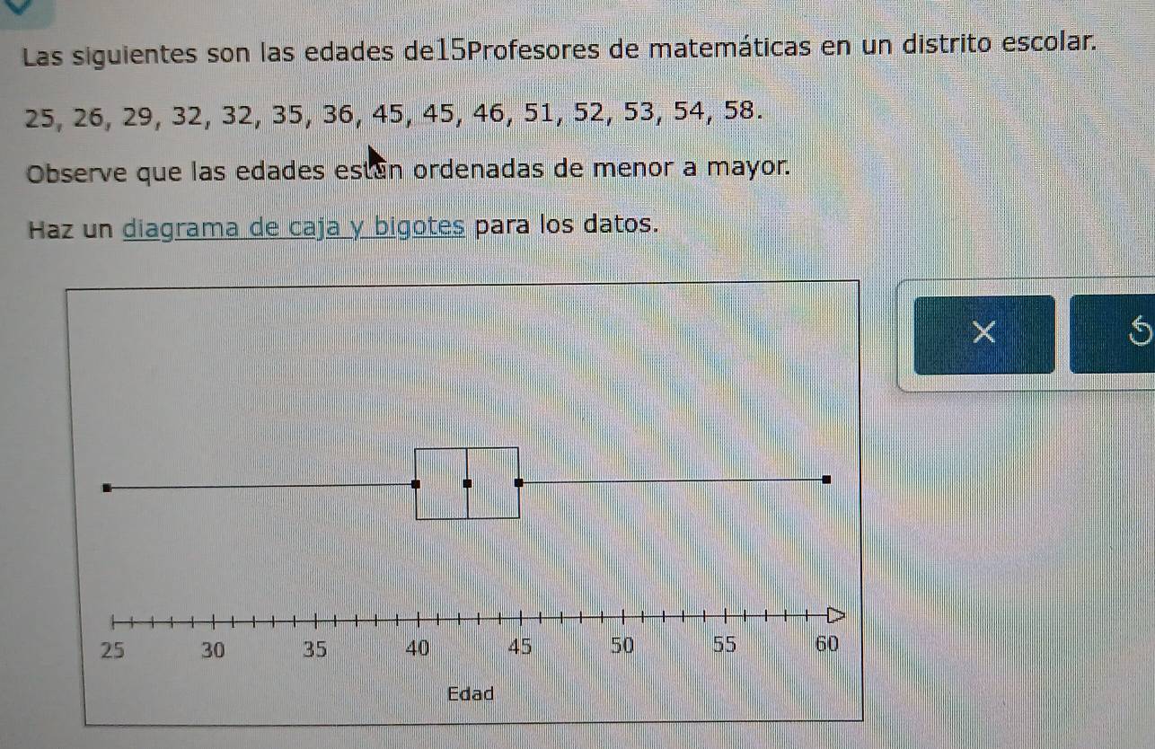 Las siguientes son las edades de15Profesores de matemáticas en un distrito escolar.
25, 26, 29, 32, 32, 35, 36, 45, 45, 46, 51, 52, 53, 54, 58. 
Observe que las edades están ordenadas de menor a mayor. 
Haz un diagrama de caja y bigotes para los datos. 
× 
S