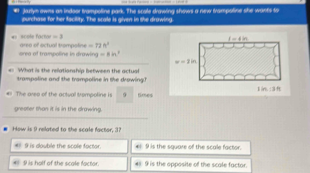 wi heady =ee Scate Fercors = Snalo arnn = Lay it 
( Jazlyn owns an indoor trampoline park. The scale drawing shows a new trampoline she wants to
purchase for her facility. The scale is given in the drawing.
« scale factor =3
l=4ln. 
area of actual trampoline =72ft^2
area of trampoline in drawing =8in
w=2in. 
What is the relationship between the actual
trampoline and the trampoline in the drawing?
lin:a
The area of the actual trampoline is 9 times
greater than it is in the drawing.
How is 9 related to the scale factor, 3?
9 is double the scale factor. 9 is the square of the scale factor.
( 9 is half of the scale factor. 4 9 is the opposite of the scale factor.