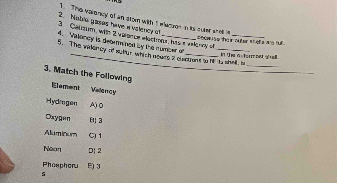 5
1 The valency of an atom with 1 electron in its outer shell is
2. Noble gases have a valency of
3 Calcium, with 2 valence electrons, has a valency of_
because their outer shells are full.
4. Valency is determined by the number of
5. The valency of sulfur, which needs 2 electrons to fill its shell, is_
in the outermost shell.
3. Match the Following
Element *£Valency
Hydrogen A) 0
Oxygen B) 3
Aluminum C) 1
Neon D) 2
Phosphoru E) 3
s