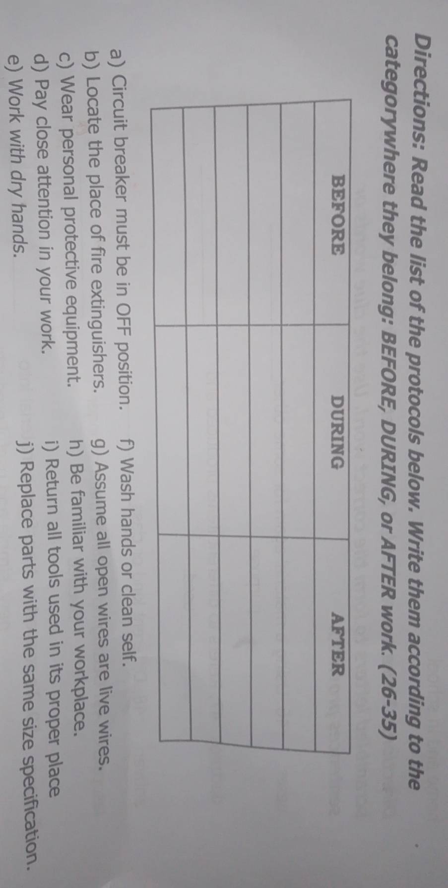 Directions: Read the list of the protocols below. Write them according to the 
categorywhere they belong: BEFORE, DURING, or AFTER work. (26-35) 
a) Circuit breaker must be in OFF position. f) Wash hands or clean self. 
b) Locate the place of fire extinguishers. g) Assume all open wires are live wires. 
c) Wear personal protective equipment. h) Be familiar with your workplace. 
d) Pay close attention in your work. 
i) Return all tools used in its proper place 
e) Work with dry hands. 
j) Replace parts with the same size specification.