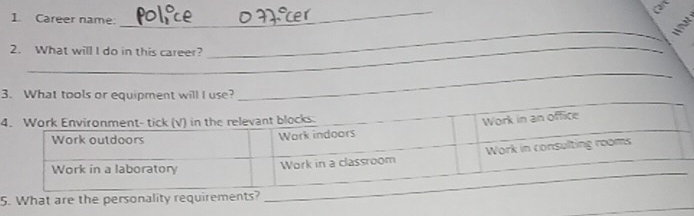 a 
1 Career name 
_ 
_ 
Wat 
_ 
2. What will I do in this career? 
3. What tools or equipment will I use? 
_ 
4 
5