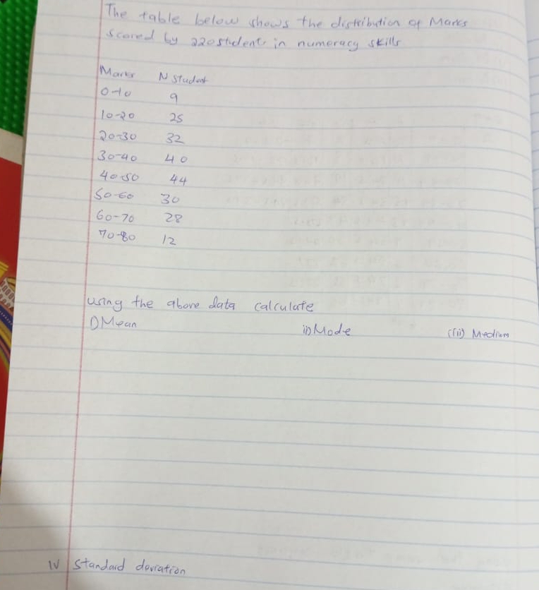 The table below shows the distribution of Mares 
Scored by 220 student in numeracy skills 
Marks NStuder
1000025
20:30 32
30-40 40
4000 44
50-60 30
60-70 28
70-80 12
using the above data calculate 
DMean in Mode (fg Mediens 
TVstandard deviation