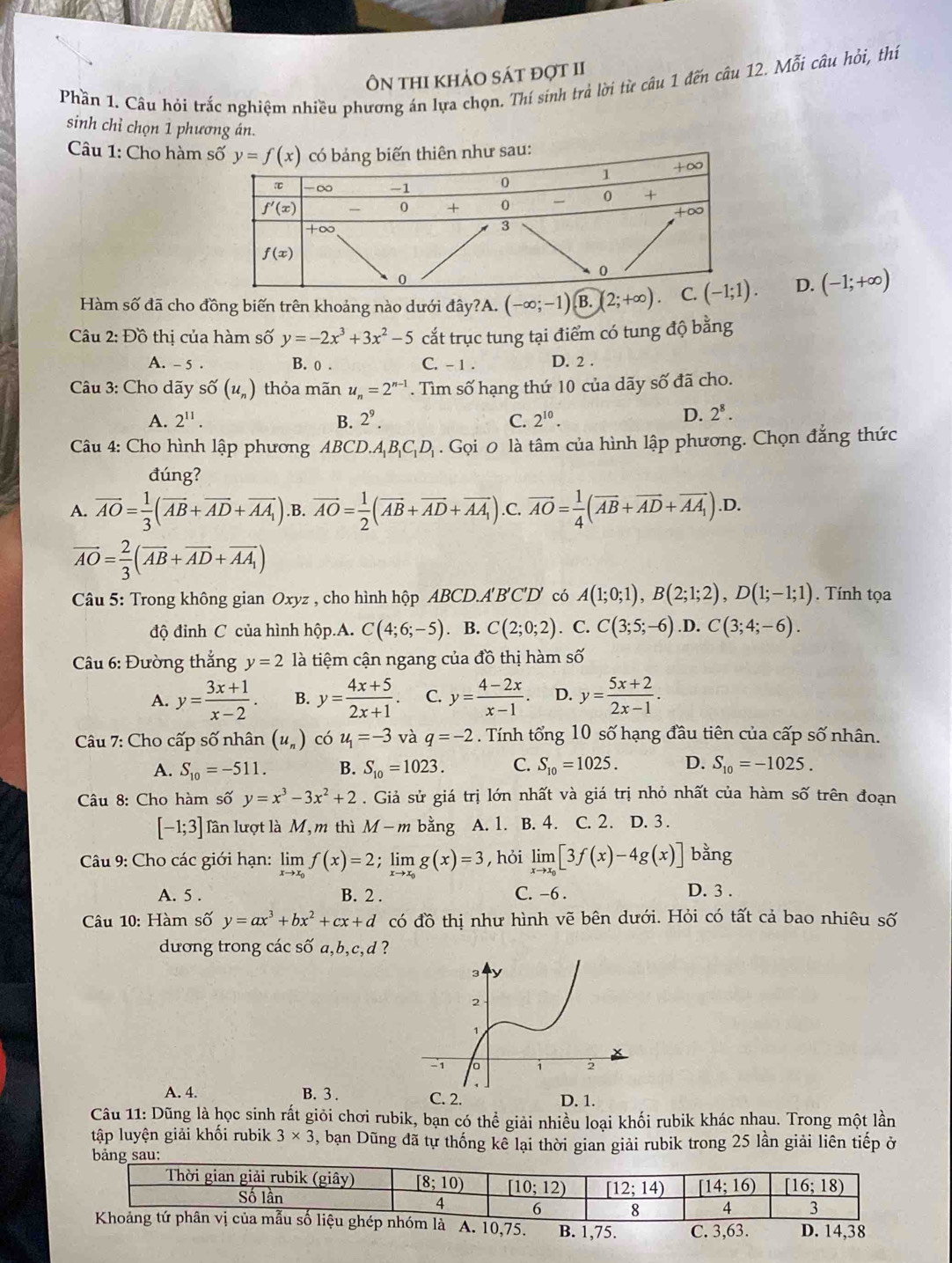 Ôn thi khảo sát đợt II
Phần 1. Câu hỏi trắc nghiệm nhiều phương án lựa chọn. Thí sinh trả lời từ câu 1 đến câu 12. Mỗi câu hỏi, thí
sinh chỉ chọn 1 phương án.
Câu 1: Cho hàm 
Hàm số đã cho đồng biến trên khoảng nào dưới đây?A. (-∈fty ;-1) B. (2;+∈fty ). D. (-1;+∈fty )
Câu 2: Đồ thị của hàm số y=-2x^3+3x^2-5 cắt trục tung tại điểm có tung độ bằng
A. - 5 . B. o . C. - 1 . D. 2 .
Câu 3: Cho dãy số (u_n) thỏa mãn u_n=2^(n-1). Tìm số hạng thứ 10 của dãy số đã cho.
A. 2^(11). B. 2^9. C. 2^(10).
D. 2^8.
Câu 4: Cho hình lập phương ABCD.ABCD . Gọi 0 là tâm của hình lập phương. Chọn đẳng thức
đúng?
A. overline AO= 1/3 (overline AB+overline AD+overline AA_1) .B. vector AO= 1/2 (vector AB+vector AD+vector AA_1).C, overline AO= 1/4 (overline AB+overline AD+overline AA_1).D.
vector AO= 2/3 (vector AB+vector AD+vector AA_1)
Câu 5: Trong không gian Oxyz , cho hình hộp ABCD.A'B'C'D' có A(1;0;1),B(2;1;2),D(1;-1;1). Tính tọa
độ đinh C của hình hộp.A. C(4;6;-5). B. C(2;0;2). C. C(3;5;-6) .D. C(3;4;-6).
Câu 6: Đường thẳng y=2 là tiệm cận ngang của đồ thị hàm số
A. y= (3x+1)/x-2 . B. y= (4x+5)/2x+1 . C. y= (4-2x)/x-1 . D. y= (5x+2)/2x-1 .
Câu 7: Cho cấp số nhân (u_n) có u_1=-3 và q=-2. Tính tổng 10 số hạng đầu tiên của cấp số nhân.
A. S_10=-511. B. S_10=1023. C. S_10=1025. D. S_10=-1025.
Câu 8: Cho hàm số y=x^3-3x^2+2. Giả sử giá trị lớn nhất và giá trị nhỏ nhất của hàm số trên đoạn
[-1;3] lần lượt là M, m thì M-m bằng A. 1. B. 4. C. 2. D. 3 .
Câu 9: Cho các giới hạn: limlimits _xto x_0f(x)=2;limlimits _xto x_0g(x)=3 , hỏi limlimits _xto x_0[3f(x)-4g(x)] bằng
A. 5 . B. 2 . C. -6 . D. 3 .
Câu 10: Hàm số y=ax^3+bx^2+cx+d có đồ thị như hình vẽ bên dưới. Hỏi có tất cả bao nhiêu số
dương trong các số a,b,c,d ?
A. 4. B. 3 . C. 2.D. 1.
Câu 11: Dũng là học sinh rất giỏi chơi rubik, bạn có thể giải nhiều loại khối rubik khác nhau. Trong một lần
tập luyện giải khối rubik 3* 3 0, bạn Dũng đã tự thống kê lại thời gian giải rubik trong 25 lần giải liên tiếp ở
bảng sau:
Thời gian giải rubik (giây) _ [8;10) _ overline [10;12) _ overline [12;14) _ [14;16) _ [16;18)
Số lần
4 6 8 4 3
Khoảng tứ phân vị của mẫu số liệu ghép nhóm là A. 10,75. B. 1,75. C. 3,63. D. 14,38