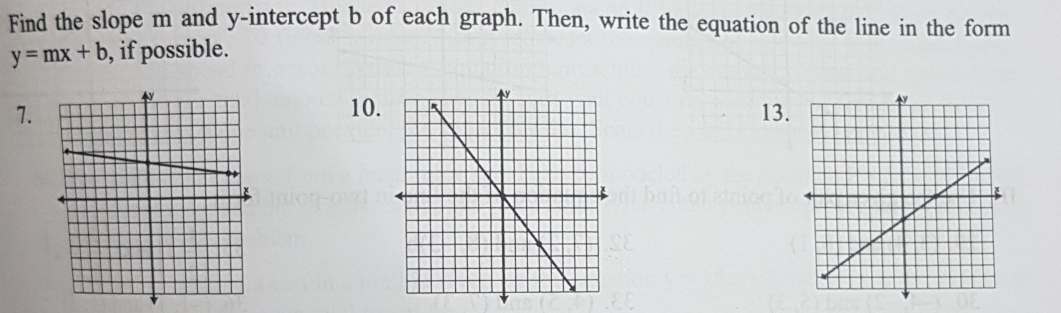 Find the slope m and y-intercept b of each graph. Then, write the equation of the line in the form
y=mx+b , if possible. 
10. 
7.13.