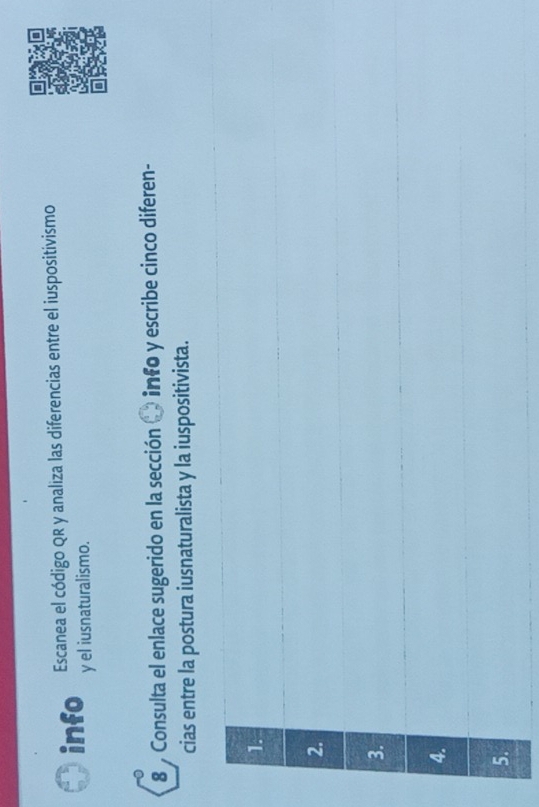 Escanea el código QR y analiza las diferencias entre el iuspositivismo 
info y el iusnaturalismo. 
8 Consulta el enlace sugerido en la sección info y escribe cinco diferen- 
cias entre la postura iusnaturalista y la iuspositivista. 
1. 
2. 
3. 
4. 
5.