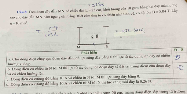 Treo đoạn dây dẫn MN có chiều dài L=25cm 1, khổi lượng của 10 gam bằng hai dãy mánh, nhẹ 
sao cho dây dẫn MN nằm ngang cân bằng. Biết cảm ứng tử có chiều như hình vẽ, có độ lớn B=0,04T Lấy
g=10m/s^2. 
in hình chữ nhật có chiều rộng 20 cm, mang dòng điện, đặt trong từ trường