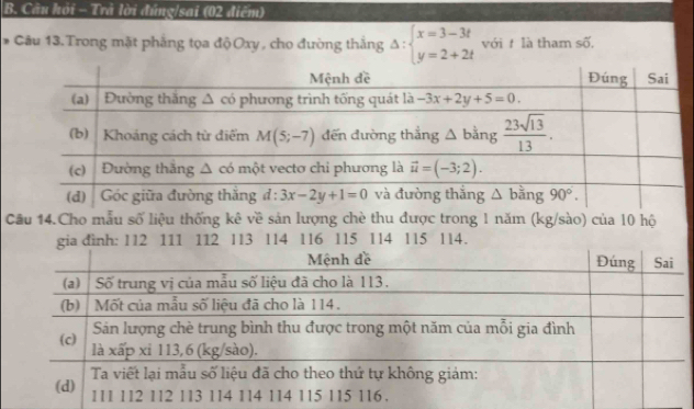 Câu hỏi - Trả lời đúng/sai (02 điểm)
* Câu 13. Trong mặt phẳng tọa độOxy , cho đường thắng Delta :beginarrayl x=3-3t y=2+2tendarray. với t là tham số.
Cầu 14.Cho mẫu số liệu thống kê về sản lượng chè thu được trong 1 năm (kg/sào) của 10 hộ
.