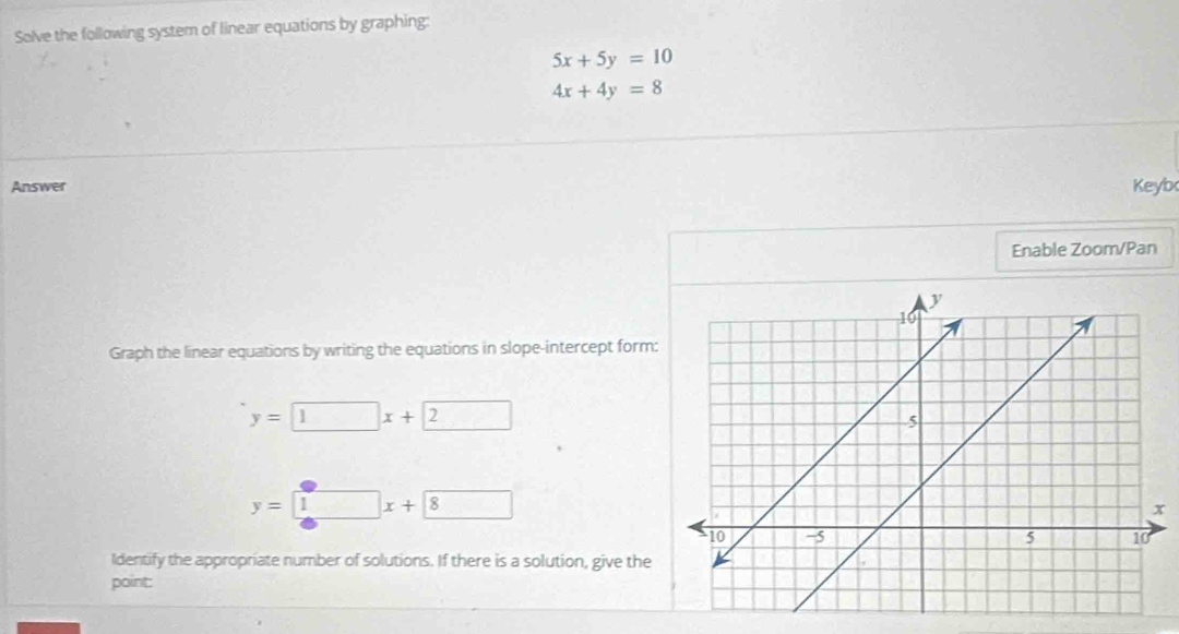 Solve the following system of linear equations by graphing:
5x+5y=10
4x+4y=8
Answer Keyb 
Enable Zoom/Pan 
Graph the linear equations by writing the equations in slope-intercept form:
y=□ x+2
y=1x+8
Identify the appropriate number of solutions. If there is a solution, give the 
paint: