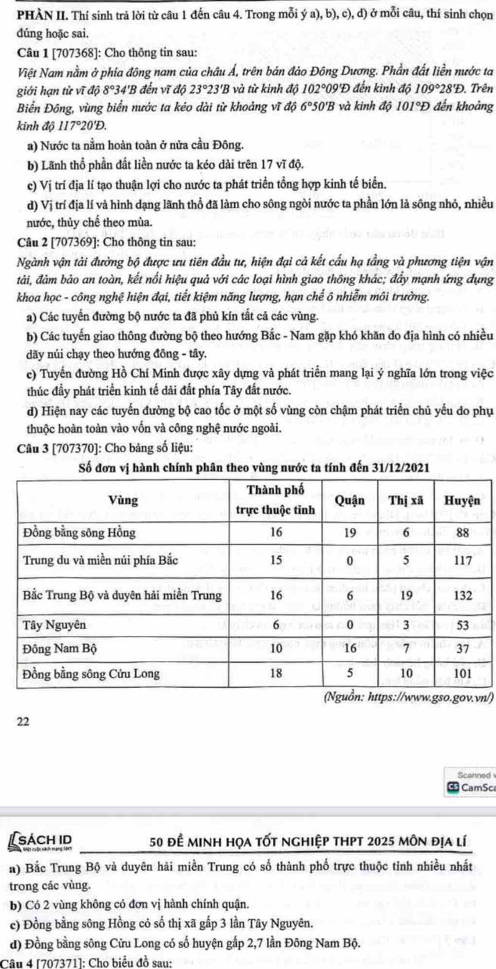 PHÀN II. Thí sinh trả lời từ câu 1 đến câu 4. Trong mỗi ý a), b), c), d) ở mỗi câu, thí sinh chọn
đúng hoặc sai.
Câu 1 [707368]: Cho thông tin sau:
Việt Nam nằm ở phía đông nam của châu Á, trên bán đảo Đông Dương. Phần đất liền nước ta
giới hạn từ vĩ độ 8°34'B *  đến vĩ độ 23°23'B và từ kinh độ 102°09 'Đ đến kinh độ 109°28'D 0. Trên
Biển Đông, vùng biển nước ta kéo dài từ khoảng vĩ độ 6°50' B và kinh độ 101°Đ đến khoảng
kinh độ 117°20 'Đ.
a) Nước ta nằm hoàn toàn ở nửa cầu Đông.
b) Lãnh thổ phần đất liền nước ta kéo dài trên 17 vĩ độ.
c) Vị trí địa lí tạo thuận lợi cho nước ta phát triển tổng hợp kinh tế biển.
d) Vị trí địa lí và hình dạng lãnh thổ đã làm cho sông ngòi nước ta phần lớn là sông nhỏ, nhiều
nước, thủy chế theo mùa.
Câu 2 [707369]: Cho thông tin sau:
Ngành vận tải đường bộ được ưu tiên đầu tư, hiện đại cả kết cấu hạ tầng và phương tiện vận
tải, đảm bảo an toàn, kết nổi hiệu quả với các loại hình giao thông khác; đẩy mạnh ứng dụng
khoa học - công nghệ hiện đại, tiết kiệm năng lượng, hạn chế ô nhiễm môi trường.
a) Các tuyển đường bộ nước ta đã phủ kín tắt cả các vùng.
b) Các tuyến giao thông đường bộ theo hướng Bắc - Nam gặp khó khăn do địa hình có nhiều
dãy núi chạy theo hướng đông - tây.
c) Tuyến đường Hồ Chí Minh được xây dựng và phát triển mang lại ý nghĩa lớn trong việc
thúc đầy phát triển kinh tế dài đất phía Tây đất nước.
d) Hiện nay các tuyến đường bộ cao tốc ở một số vùng còn chậm phát triển chủ yếu do phụ
thuộc hoàn toàn vào vốn và công nghệ nước ngoài.
Câu 3 [707370]: Cho bảng số liệu:
Số đơn vị hành chính phân theo vùng nước ta tính đến 31/12/2021
https://www.gso.gov.vn/)
22
Scanned 
CamSc
[sách id 50 để minh họa tốt nghiệp thpt 2025 môn địa lí
a) Bắc Trung Bộ và duyên hải miền Trung có số thành phố trực thuộc tỉnh nhiều nhất
trong các vùng.
b) Có 2 vùng không có đơn vị hành chính quận.
c) Đồng bằng sông Hồng có số thị xã gấp 3 lần Tây Nguyên.
d) Đồng bằng sông Cửu Long có số huyện gắp 2,7 lần Đông Nam Bộ.
Câu 4 [707371]: Cho biểu đồ sau: