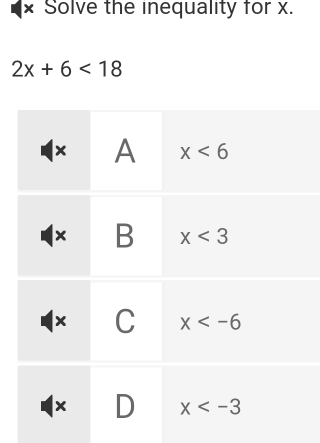 Solve the inequality for x.
2x+6<18</tex>