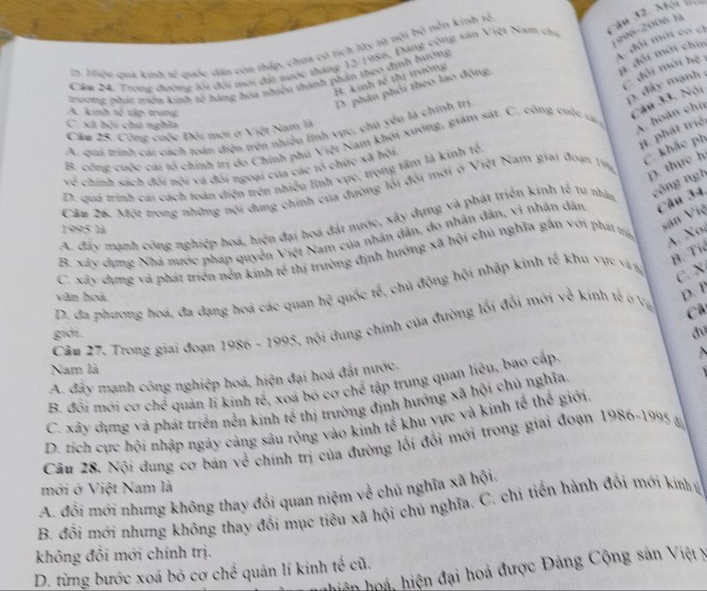 Căn 32. Một l
astifxi 1 nên kính tế
1996-2006 là
A đói mới cơ ch
B. đội mới chín
D. Hiệu quả kinh w quốc dân còn tháp, chưa có tích lũy từ
Cầu 24. Trong đường lới đổi mơi đát nước tháng 12/1986, Đảng cộng sản Việt Nam chi
B. kinh tổ thị trường
trương phát triển kinh N^2 hàng hóa nhiều thành phản theo định hướng
. đẩy mạnh
D. phân phối theo lao động.
đối mới hệ
A. kinh tế tập trung
Câu 33. Nội
C. xã hội chú nghĩa
A. hoàn chi
A. quá trình cái cách toán điện trên nhiều lĩnh vực, chủ yểu là chính trị
Câu 25. Công cuộc Đồi mới ở Việt Nam là
H. phát triệ
B. công cuộc cái tổ chính trị do Chính phủ Việt Nam khởi xướng, giám sát. C. công cuộc củ
D. thực h
4a^2 * chính sách đối nội và đối ngoại của các tổ chúc xã hội
C. khắc ph
D. quá trình cái cách toàn diện trên nhiều lĩnh vực, trọng tâm là kinh tổ
Câu 26. Một trong những nội dung chính của đường lối đổi mới ở Việt Nam giai đoạn 191
A. đây mạnh công nghiệp hoá, hiện đại hoá đất nước, xây dựng và phát triển kinh tế tư nhân công ngh
1995 là
sản Việ
B. xây dựng Nhà nước pháp quyền Việt Nam của nhân dân, do nhân dân, vì nhân dân Câu 34.
B. Tiể
C. xây dụng và phát triển nền kinh h^3 thị trường định hướng xã hội chủ nghĩa gắn với phát trển A. Xo
D. đa phương hoá, đa dạng hoá các quan he^3 quốc overleftrightarrow W A chủ động hội nhập kinh tế khu vực và tà C. X
văn hoá.
Câu 27. Trong giai đoạn 1986-1995 3. nội dung chính của đường lối đổi mới về kinh tế ở V
p. 1
Cả
giới. đố
  
Nam là
A. đây mạnh công nghiệp hoá, hiện đại hoá đất nước,
B. đổi mới cơ chế quản lí kinh tế, xoá bỏ cơ chế tập trung quan liêu, bao cấp.
C. xây dựng và phát triển nền kinh tế thị trường định hướng xã hội chủ nghĩa
D. tích cực hội nhập ngày cảng sâu rộng vào kinh tế khu vực và kinh tế thể giới.
Câu 28. Nội dung cơ bản về chính trị của đường lối đổi mới trong giai đoạn 1986-1995d
mới ở Việt Nam là
A. đối mới nhưng không thay đổi quan niệm về chủ nghĩa xã hội.
B. đổi mới nhưng không thay đổi mục tiêu xã hội chủ nghĩa. C. chi tiến hành đổi mới kinh ự
không đổi mới chính trị.
hiện hoá, hiện đại hoá được Đảng Cộng sản Việt y
D. từng bước xoá bỏ cơ chế quản lí kinh tế cũ.