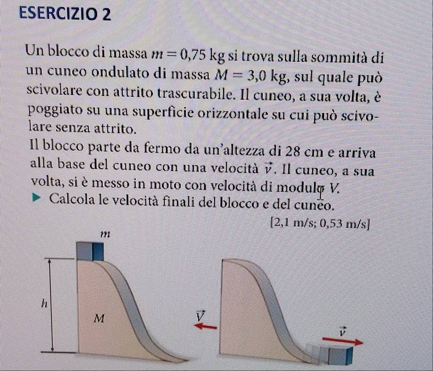 Un blocco di massa m=0,75 kg si trova sulla sommità di 
un cuneo ondulato di massa M=3,0kg , sul quale può 
scivolare con attrito trascurabile. Il cuneo, a sua volta, è 
poggiato su una superficie orizzontale su cui può scivo- 
lare senza attrito. 
Il blocco parte da fermo da un'altezza di 28 cm e arriva 
alla base del cuneo con una velocità vector v. Il cuneo, a sua 
volta, si è messo in moto con velocità di modulφ V. 
Calcola le velocità finali del blocco e del cunco.
[2,1 m/s; 0,53 m/s ]