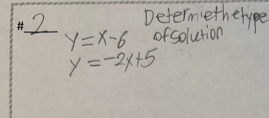 Determetherype
y=x-6 of solution
y=-2x+5