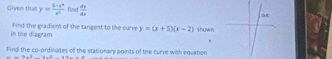 Given that y= (5-x^4)/x^2  find  dy/dx 
Find the gradient of the tangent to the curve y=(x+5)(x-2) shown 
in the diagram 
Find the co-ordinates of the stationary points of the curve with equation
y=2x^3-2x^2-12x