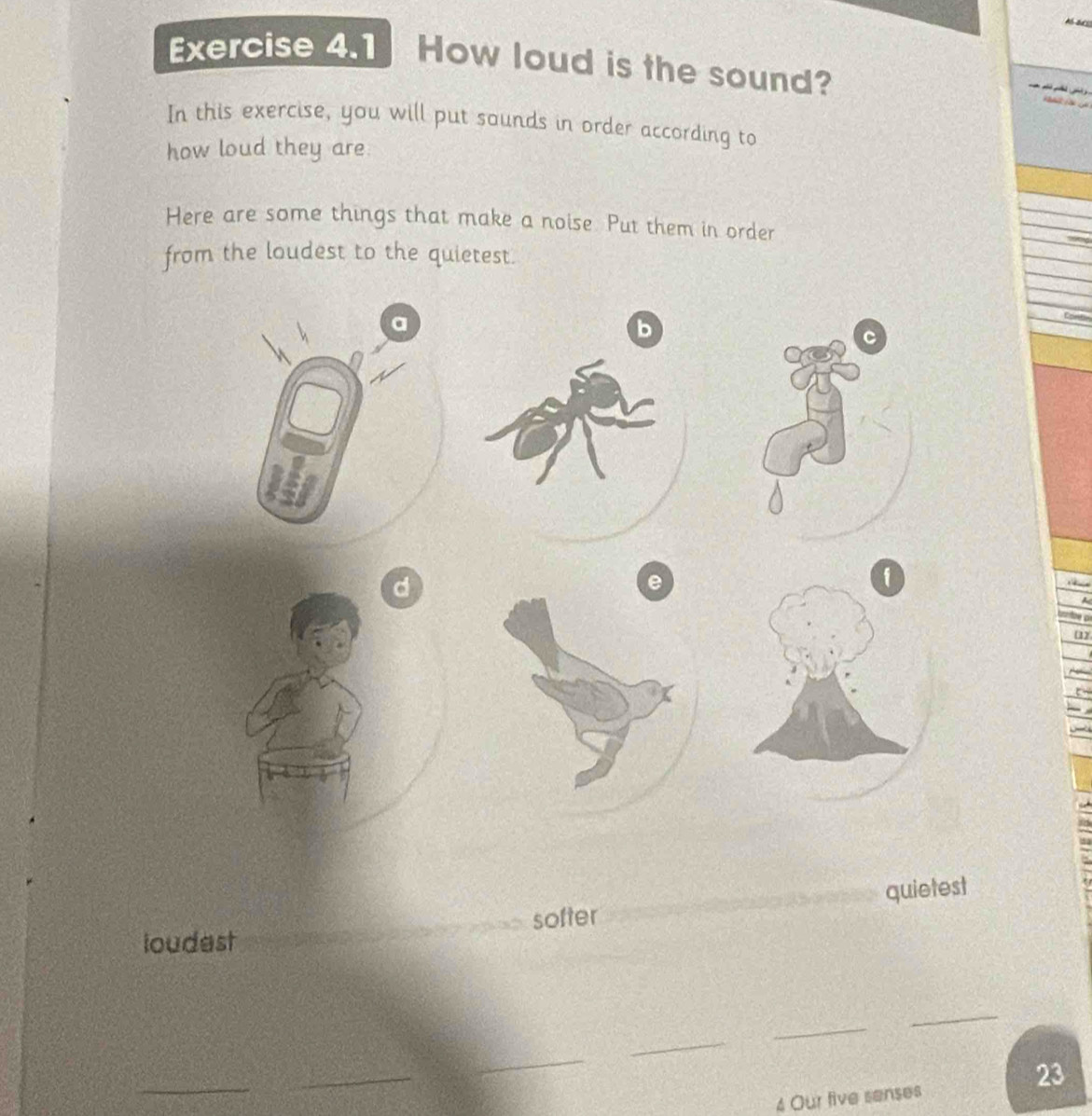 How loud is the sound? 
In this exercise, you will put sounds in order according to 
how loud they are. 
Here are some things that make a noise. Put them in order 
from the loudest to the quietest. 
d 
loudest softer quietest 
_ 
_ 
_ 
_ 
_ 
_ 
23 
4 Our five senses