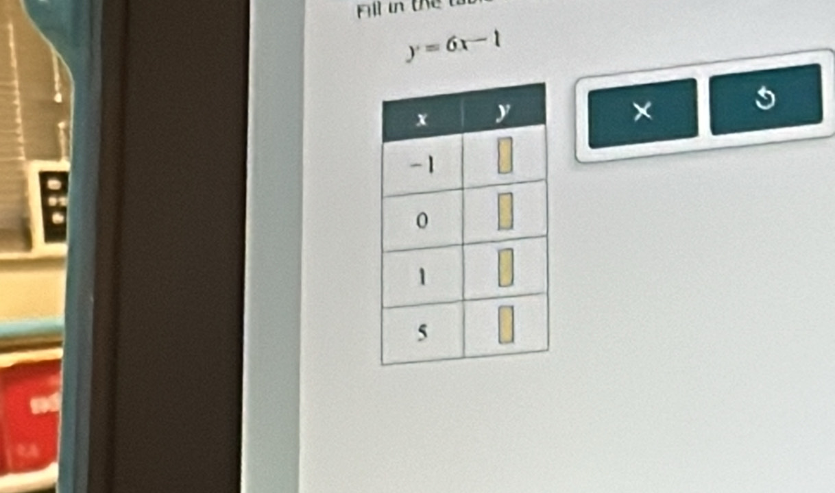 Fill in  the
y=6x-1
×
.
0
.