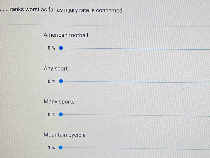 ..... ranks worst as far as injury rate is concerned.
American football
0 %
Any sport
0 %
Many sports
0 %
Mountain bycicle
0 %