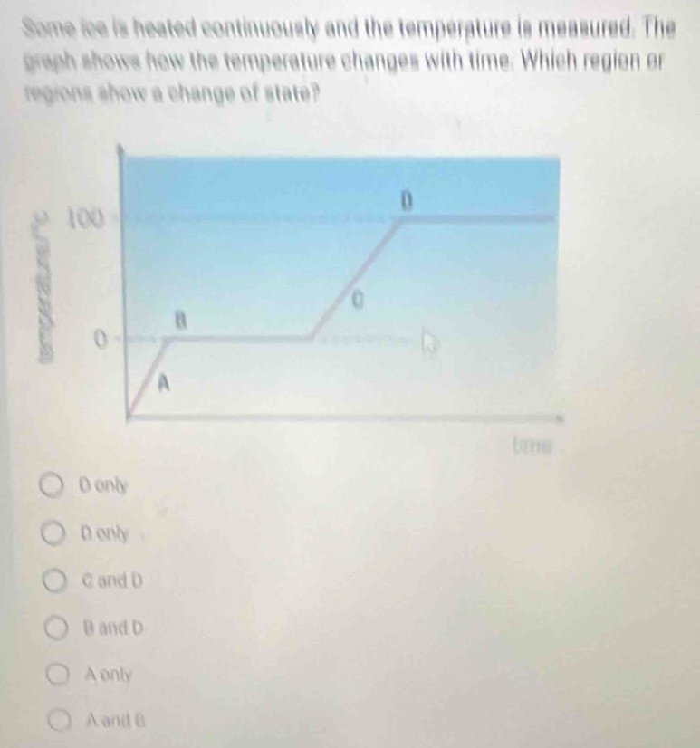 Some ice is heated continuously and the temperature is measured. The
graph shows how the temperature changes with time. Which region or
regions show a change of state?
Danly
D only
C and D
B and D
A only
AandB