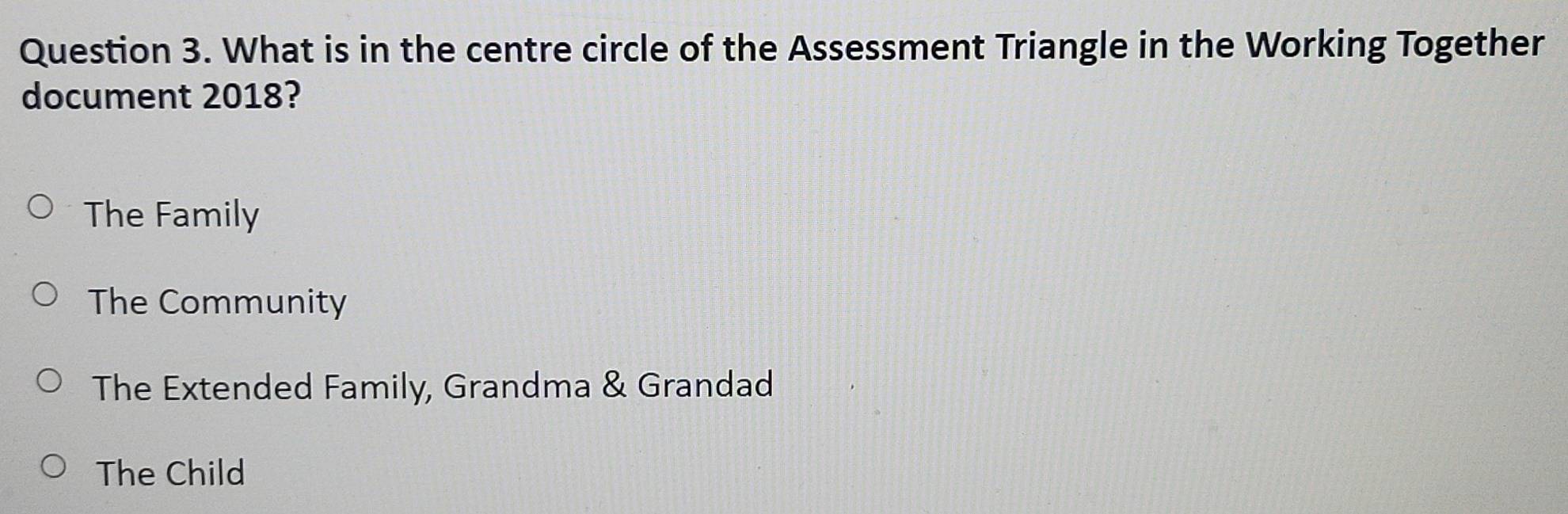 What is in the centre circle of the Assessment Triangle in the Working Together
document 2018?
The Family
The Community
The Extended Family, Grandma & Grandad
The Child