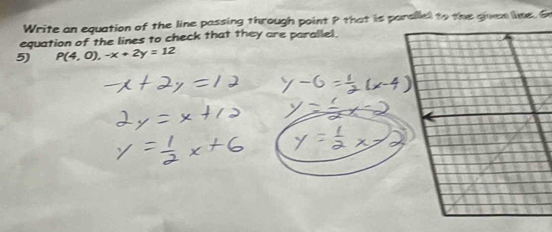 Write an equation of the line passing through point P that is parallel to the gnen line. G 
equation of the lines to check that they are parallel. 
5) P(4,0),-x+2y=12