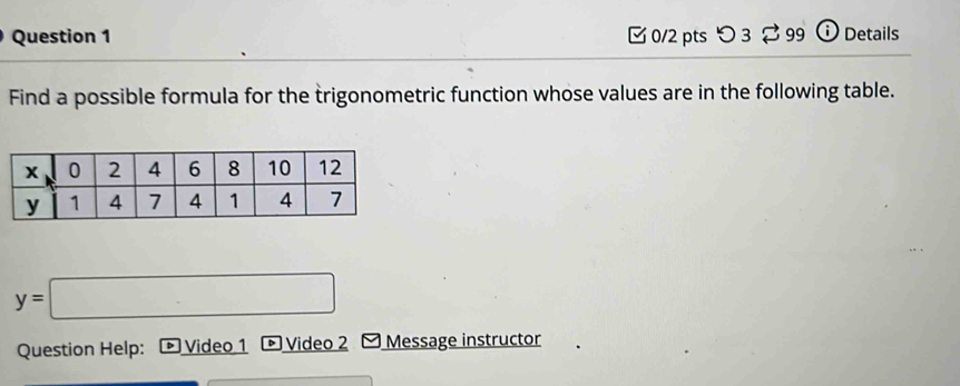 [ 0/2 pts つ 3 $ 99 ⓘ Details 
Find a possible formula for the trigonometric function whose values are in the following table.
y=□
Question Help: Video 1 Video 2 Message instructor