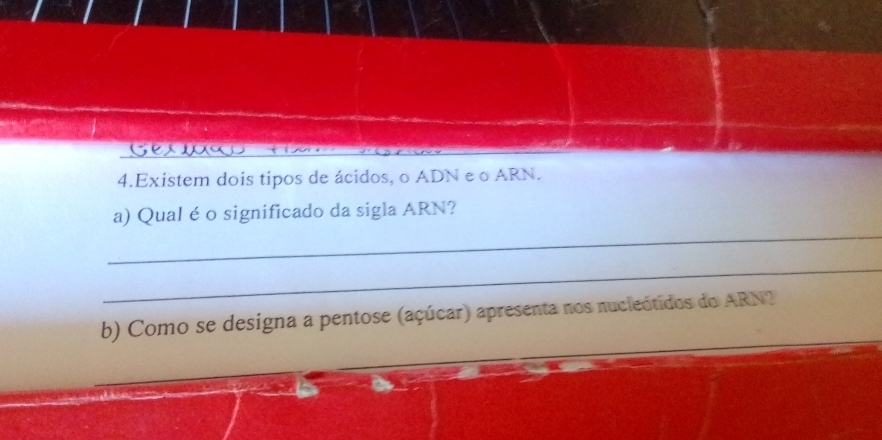 Existem dois tipos de ácidos, o ADN e o ARN. 
_ 
a) Qual é o significado da sigla ARN? 
_ 
b) Como se designa a pentose (açúcar) apresenta nos nucleótidos do ARN?