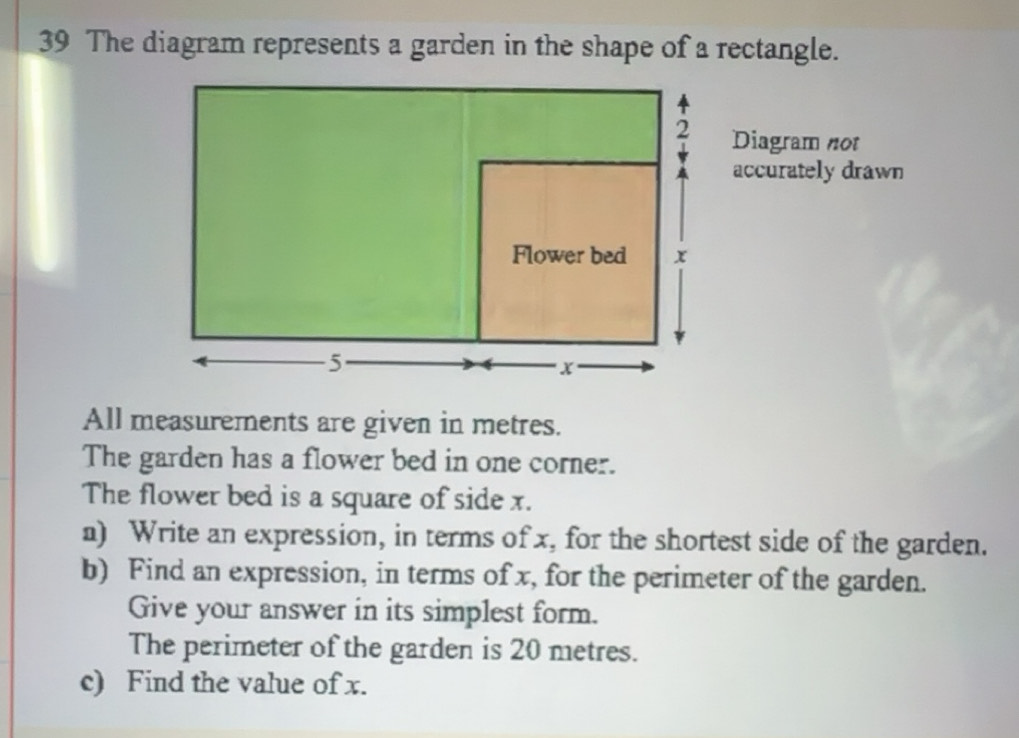 Solved: The diagram represents a garden in the shape of a rectangle ...
