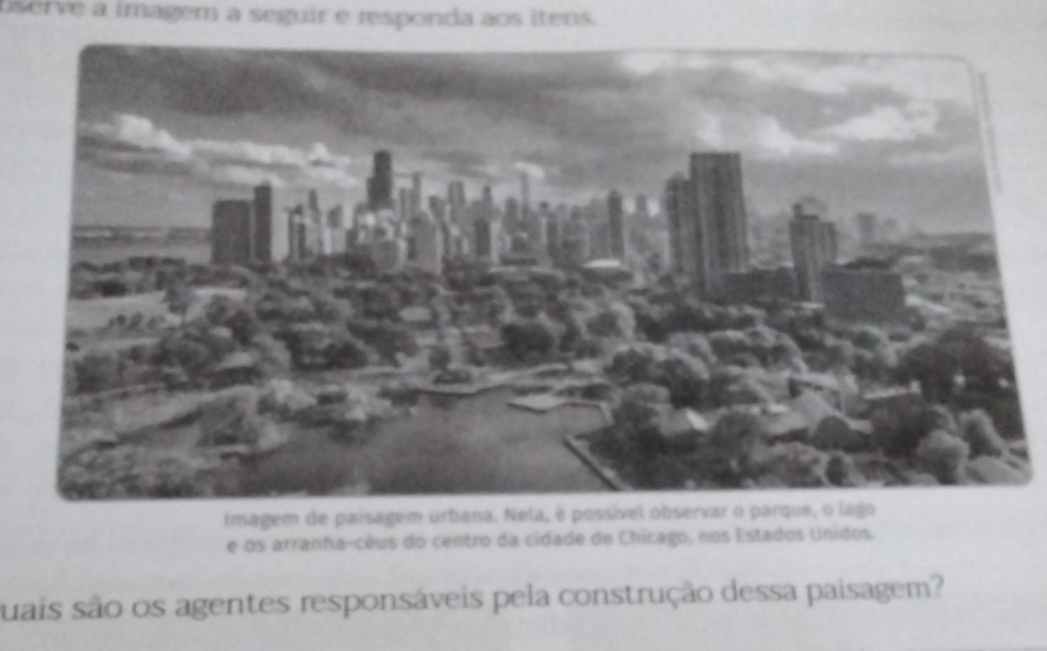 bserve a imagem a seguir e responda aos itens. 
Imagem de paísagem 
e os arranha-cêus do centro da cidade de Chicago, nos Estados Unidos. 
suais são os agentes responsáveis pela construção dessa paisagem?